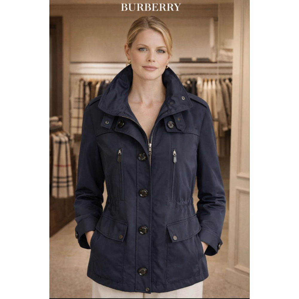 Women's BURBERRY Navy Utility Jacket L Blue Plaid Interior